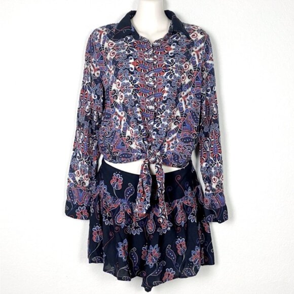 FARM RIO Paisley Snake Print Button Down Tie Front One Piece Romper - Picture 1 of 16